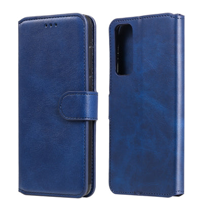 Blue folio wallet phone case with flip cover, card slots, and camera cutout for phone
