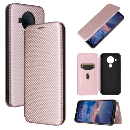 Pink carbon-fiber texture magnetic flip phone case with card slot and camera cutout