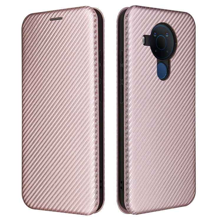 Pink carbon-fiber texture flip case, front and back views with camera opening