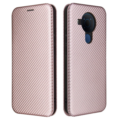Pink carbon-fiber texture flip case, front and back views with camera opening