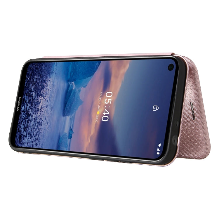 Pink carbon-fiber texture flip case, phone in stand mode with screen visible
