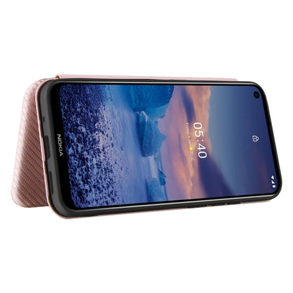 Pink carbon-fiber texture flip case, stand view with screen and side protection