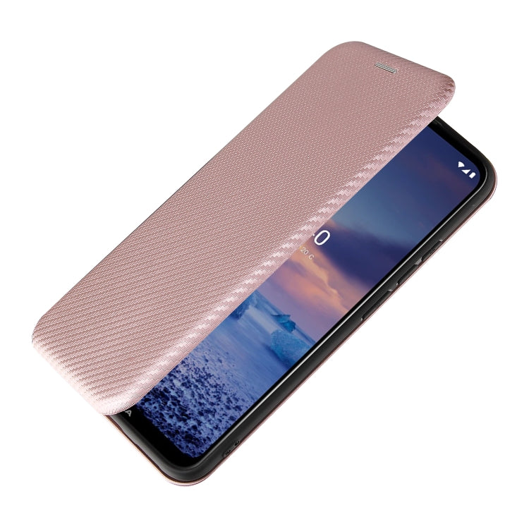Pink carbon-fiber texture flip case, closed cover with speaker and camera cutouts