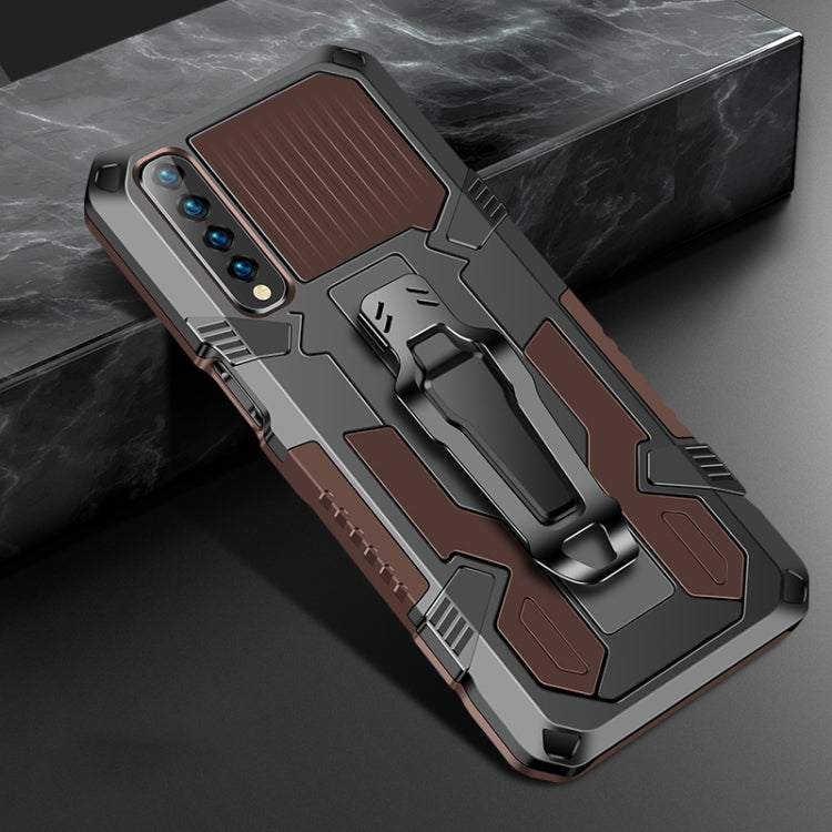 Shockproof protective phone case, coffee brown/gray armor design with grip stand