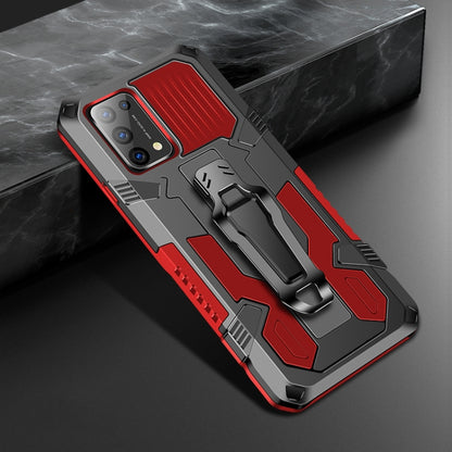 Shockproof rugged phone case in red with grip bar and raised camera cutout