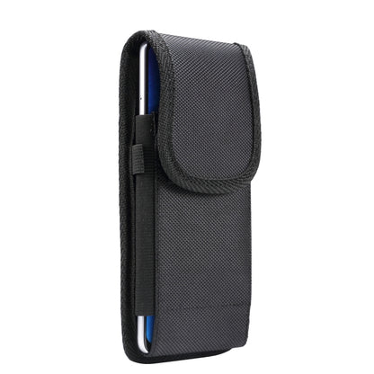 Black hanging phone waist pouch with carabiner, vertical open-top case