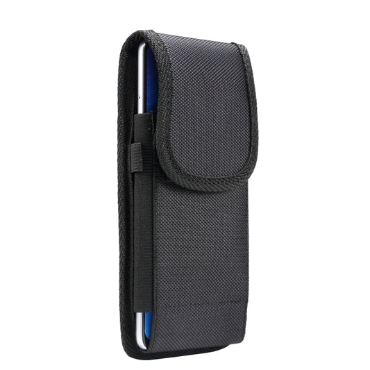 Black hanging phone waist pouch with carabiner, vertical open-top case