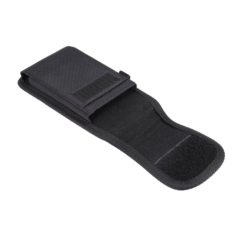 Black fabric phone pouch with top flap and belt loop strap, slim vertical case