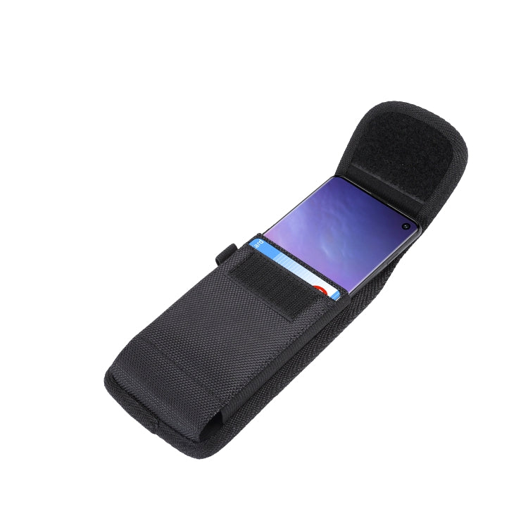 Black waist phone pouch with flap open, phone partially inserted