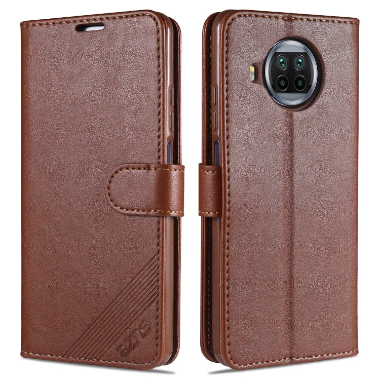 Brown flip leather phone case with magnetic strap and card slot cutouts