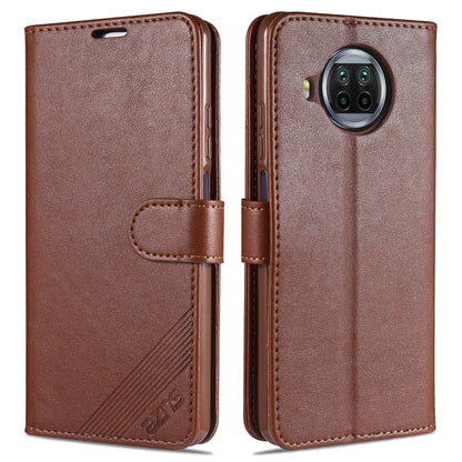 Brown flip leather phone case with magnetic strap and card slot cutouts