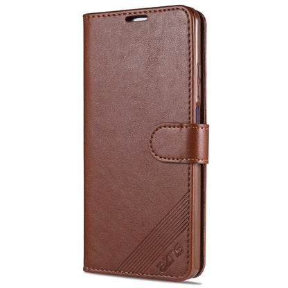 Brown flip wallet phone case with stitched strap and slim card pocket