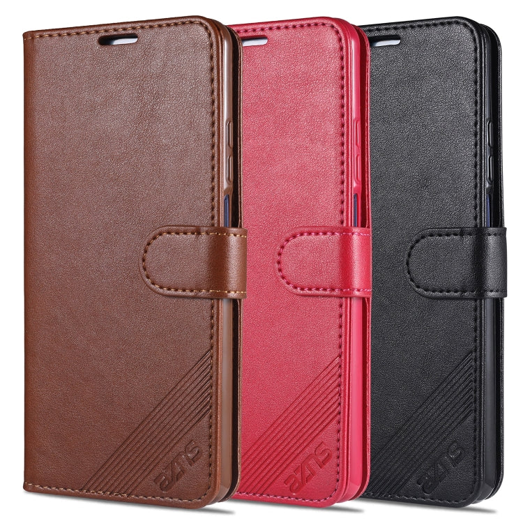 Flip leather phone cases in brown, red, and black with magnetic strap and card cutout
