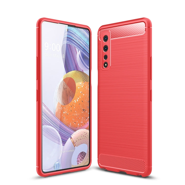 Red brushed carbon fiber TPU phone case, front and back view with side button cutouts