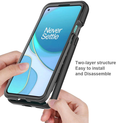 Black shockproof phone case being installed over a teal phone for OnePlus 9
