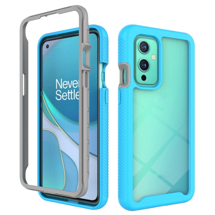 Light blue shockproof phone case with teal back insert and port cutouts for OnePlus 9