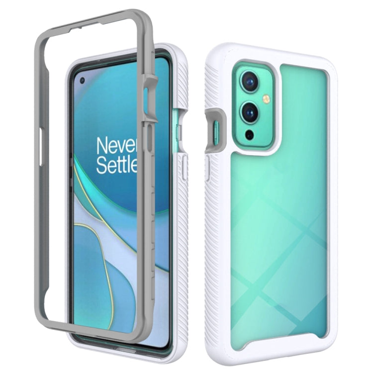 White shockproof phone case with gray protective frame and teal back panel for OnePlus 9