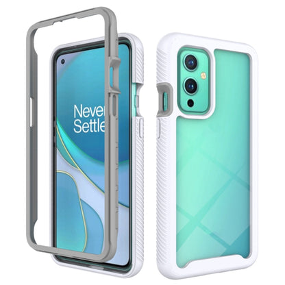 White shockproof phone case with gray protective frame and teal back panel for OnePlus 9
