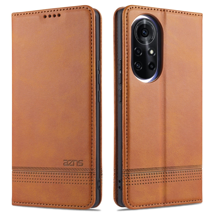 Magnetic flip phone case, tan leatherette with camera window and perforation stripe