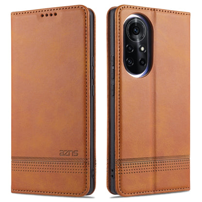 Magnetic flip phone case, tan leatherette with camera window and perforation stripe