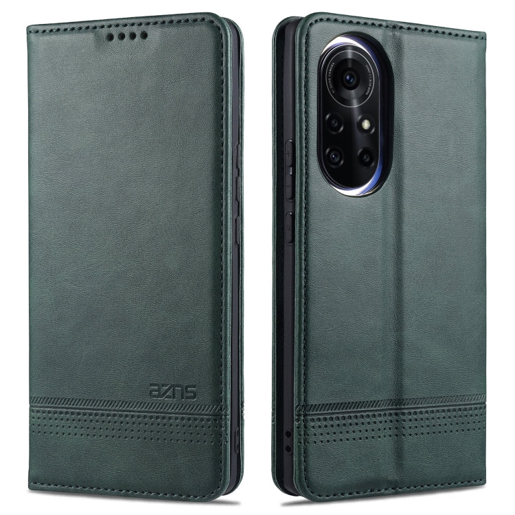 Dark green leather flip phone case with stitched edges and camera cutout