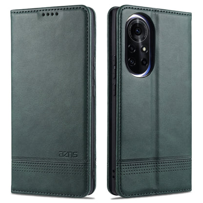 Dark green leather flip phone case with stitched edges and camera cutout