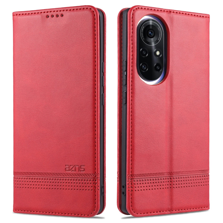 Red leather flip phone case with stitched edges and camera cutout