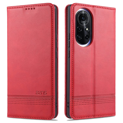 Red leather flip phone case with stitched edges and camera cutout