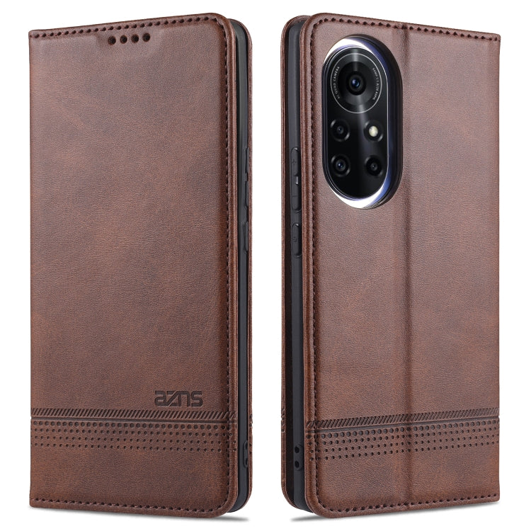Magnetic flip phone case, dark brown leatherette with camera window and perforation stripe