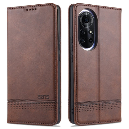 Magnetic flip phone case, dark brown leatherette with camera window and perforation stripe
