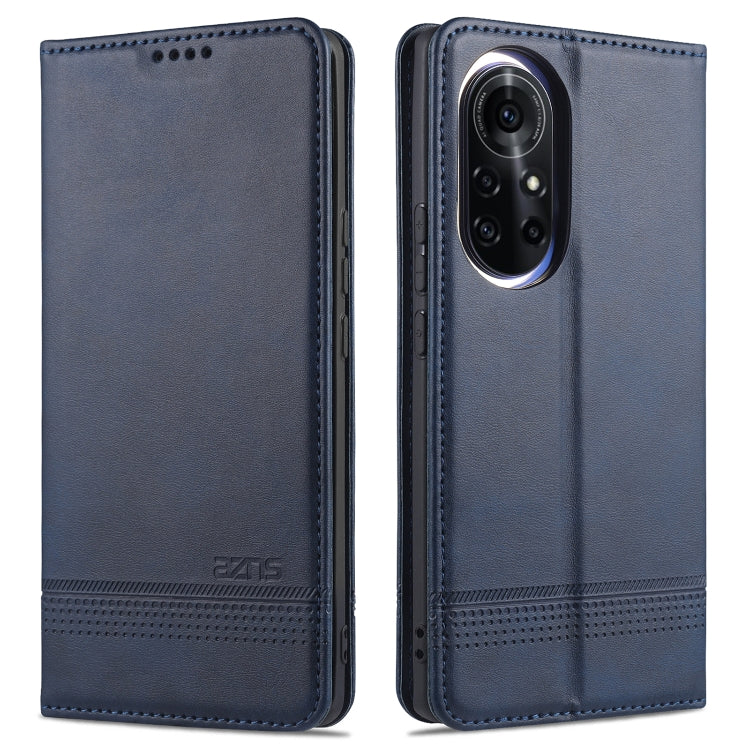 Dark blue leather flip phone case with stitched edges and camera cutout