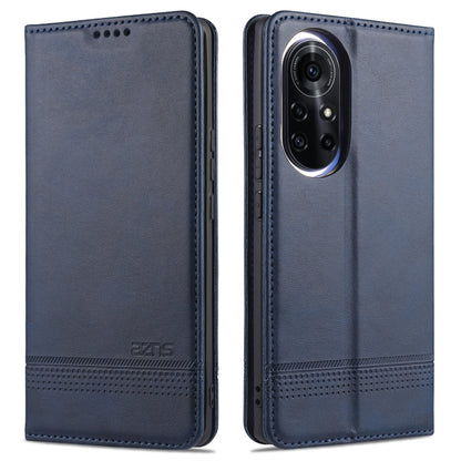 Dark blue leather flip phone case with stitched edges and camera cutout