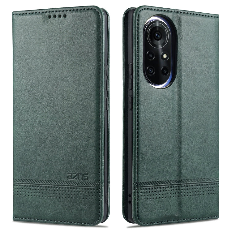 Dark green leather flip phone case with stitched edges and camera cutout