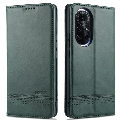 Dark green leather flip phone case with stitched edges and camera cutout