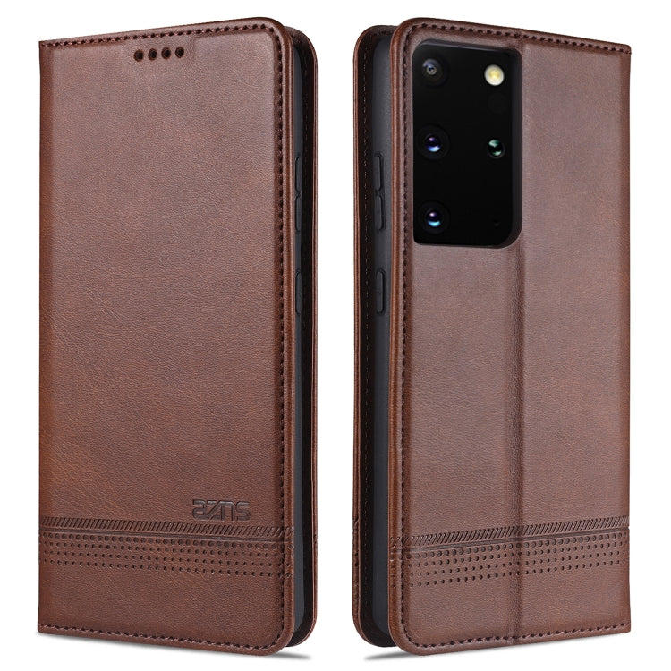 Magnetic flip phone case, dark brown leatherette with side camera cutout and perforation detail
