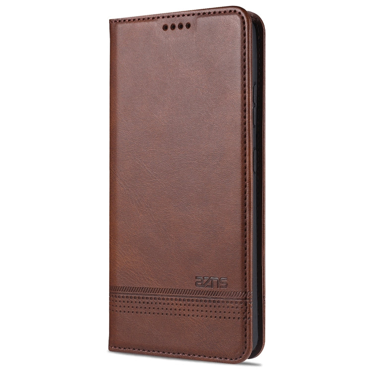Magnetic flip phone case, dark brown leatherette with top speaker cutout and stitched edge