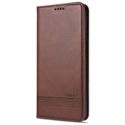 Magnetic flip phone case, dark brown leatherette with top speaker cutout and stitched edge
