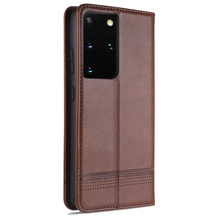 Magnetic flip phone case, dark brown leatherette with camera window and textured front panel