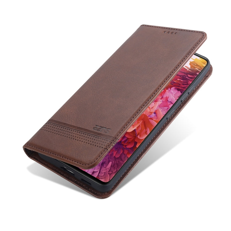 Magnetic flip phone case, dark brown leatherette in open position showing phone screen