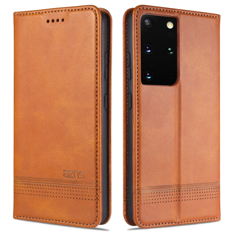 Magnetic flip phone case, light brown leatherette with top speaker cutout and stitched border