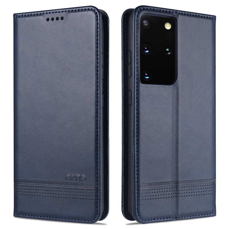 Dark blue leather flip phone case with stitched edges and camera cutout