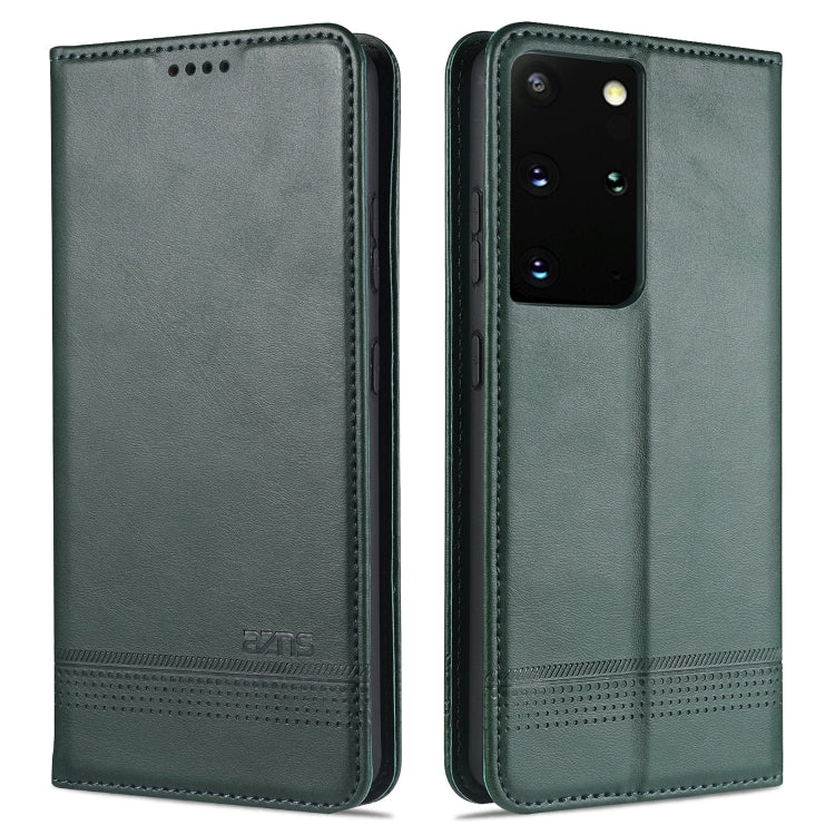 Magnetic flip phone case, dark green leatherette with side camera cutout and perforation stripe