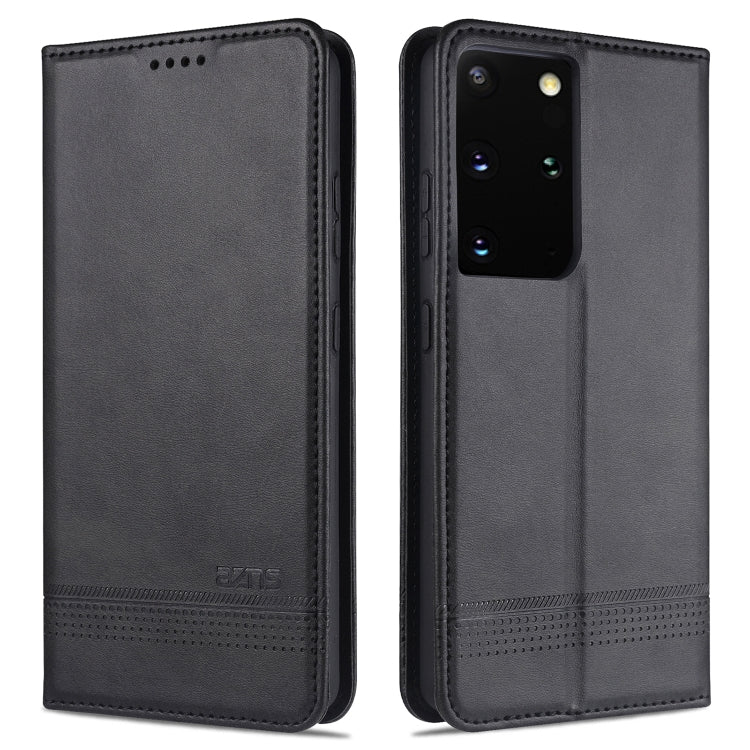 Dark gray leather flip phone case with stitched edges and camera cutout