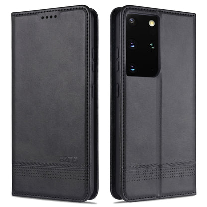 Dark gray leather flip phone case with stitched edges and camera cutout