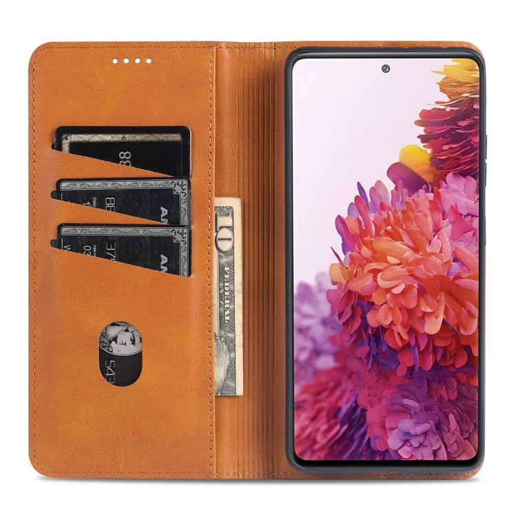 Tan flip leather phone case with visible card slots and inner holder pocket