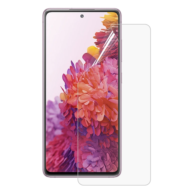Hydrogel screen protector film covering phone display, clear front shield