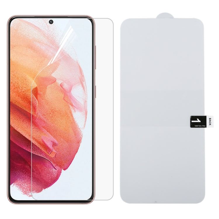 Full-screen hydrogel screen protector film over smartphone display, clear flexible shield