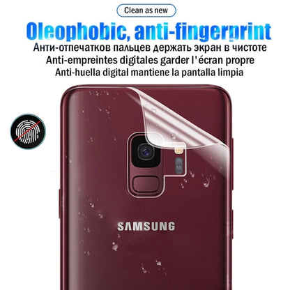 Hydrogel rear protector film on a maroon smartphone back with camera cutout