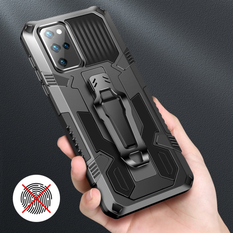 Gray and black rugged phone protective case with kickstand, held in hand