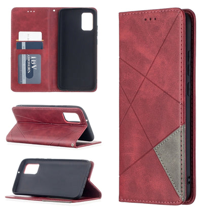 Red rhombus-texture flip magnetic leather phone case with card slots and stand